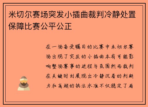 米切尔赛场突发小插曲裁判冷静处置保障比赛公平公正